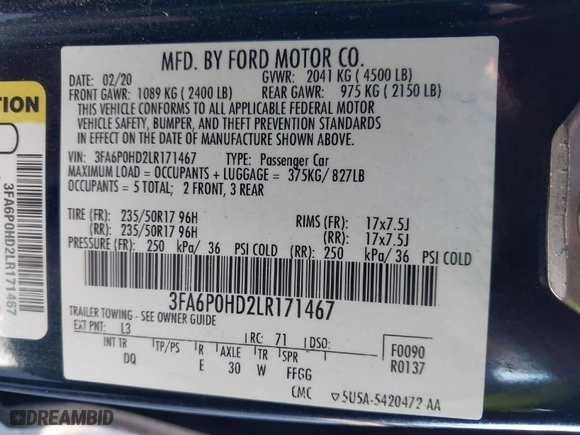 2020 Ford Fusion SE with VIN 3FA6P0HD2LR171467, listed as a IAAI auction lot 41380955 with 95,551 mi miles. Bid and sale history available at carsss.com. Image 9.