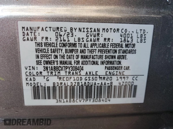 2023 Nissan Sentra SV with VIN 3N1AB8CV7PY308404, listed as a Copart auction lot 54715675 with 50,794 mi miles and Salvage Title. Bid and sale history available at DreamBid. Image 12.