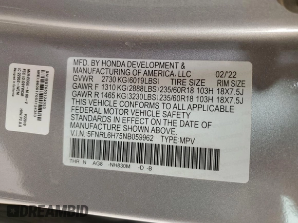 2022 Honda Odyssey EX-L with VIN 5FNRL6H75NB059962, listed as a Copart auction lot 51464615 with 40,608 mi miles and Salvage Title. Bid and sale history available at DreamBid. Image 13.