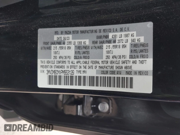 2023 Mazda CX-30 S Carbon Edition with VIN 3MVDMBCMXPM553129, listed as a IAAI auction lot 41864876 with 18,317 mi miles and . Bid and sale history available at DreamBid. Image 9.