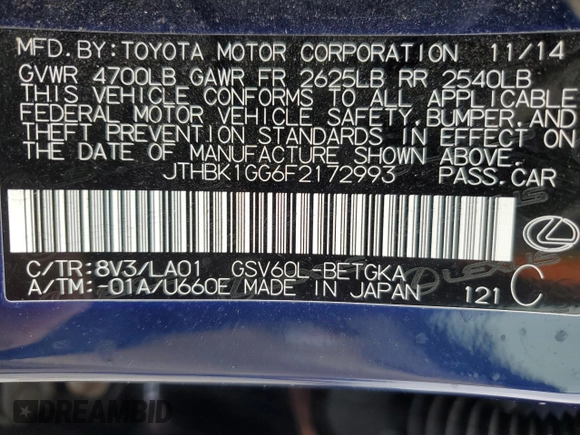 2015 Lexus ES 330 with VIN JTHBK1GG6F2172993, listed as a Copart auction lot 55748135 with Not Provided miles and Clean Title. Bid and sale history available at DreamBid. Image 13.