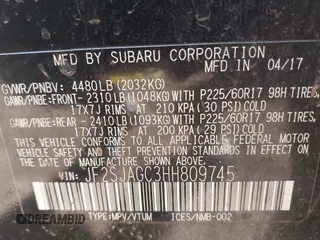 2017 Subaru Forester Premium with VIN JF2SJAGC3HH809745, listed as a IAAI auction lot 41883341 with 127,607 mi miles. Bid and sale history available at carsss.com. Image 9.