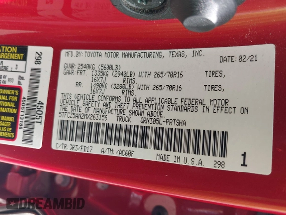 2021 Toyota Tacoma SR z VIN 5TFCZ5AN2MX263159, wystawiony jako IAAI lot #42273087 z przebiegiem 69 220 mil mil oraz . Historia ofert i sprzedaży dostępna na DreamBid. Obrazek 9.