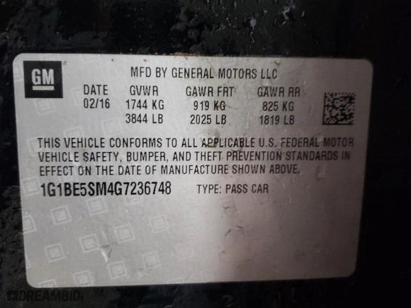 2016 Chevrolet Cruze LT with VIN 1G1BE5SM4G7236748, listed as a Copart auction lot 51441825 with 186,442 mi miles and Clean Title. Bid and sale history available at carsss.com. Image 12.
