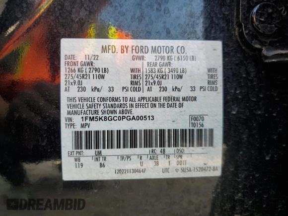 2023 Ford Explorer ST with VIN 1FM5K8GC0PGA00513, listed as a Copart auction lot 47698635 with 34,154 mi miles and Salvage Title. Bid and sale history available at carsss.com. Image 16.