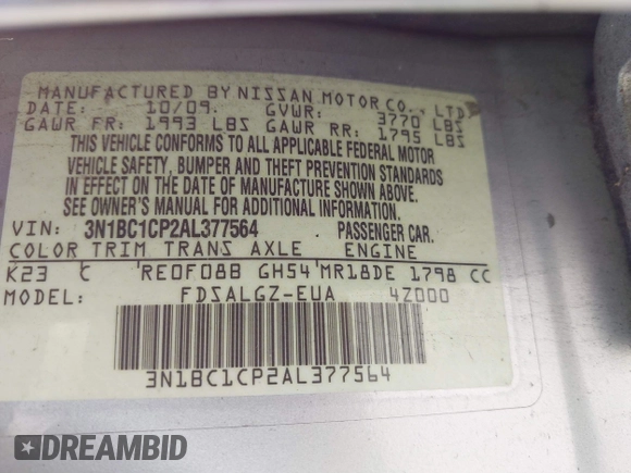 2010 Nissan Versa S with VIN 3N1BC1CP2AL377564, listed as a IAAI auction lot 41383636 with 200,798 mi miles and . Bid and sale history available at DreamBid. Image 9.