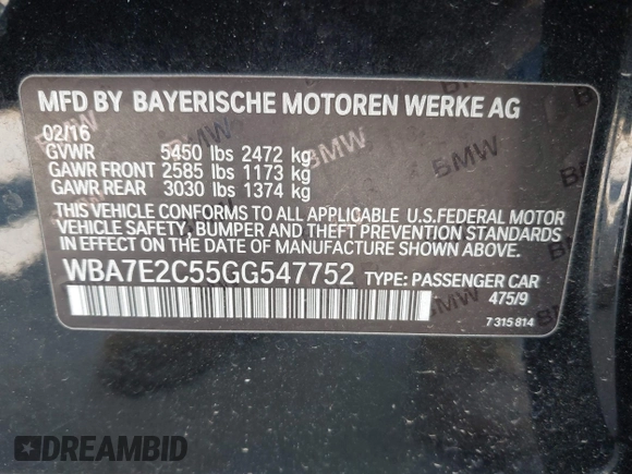 2016 BMW 7 Series 740i with VIN WBA7E2C55GG547752, listed as a IAAI auction lot 41992704 with Not Provided miles and . Bid and sale history available at carsss.com. Image 9.