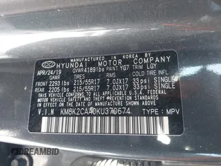 2019 Hyundai Kona SEL with VIN KM8K2CAA0KU370674, listed as a IAAI auction lot 41237427 with 59,586 mi miles and . Bid and sale history available at DreamBid. Image 9.