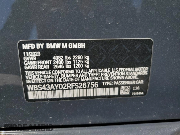 2024 BMW M3 Competition xDrive с VIN WBS43AY02RFS26756, выставлен на аукционе Copart как лот 52377425 с пробегом 7 468 миль миль и Списание • Salvage title. История ставок и продаж доступна на DreamBid. Изображение 12.
