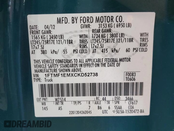 2012 Ford F-150 XL с VIN 1FTMF1EMXCKD52738, выставлен на аукционе Copart как лот 61497595 с пробегом 158 162 миль миль и Чистый • Clean title. История ставок и продаж доступна на DreamBid. Изображение 12.