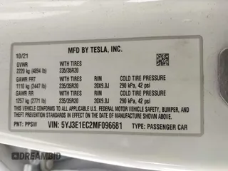 2021 Tesla Model 3 Performance with VIN 5YJ3E1EC2MF096681, listed as a IAAI auction lot 42068782 with 34,852 mi miles and . Bid and sale history available at DreamBid. Image 9.