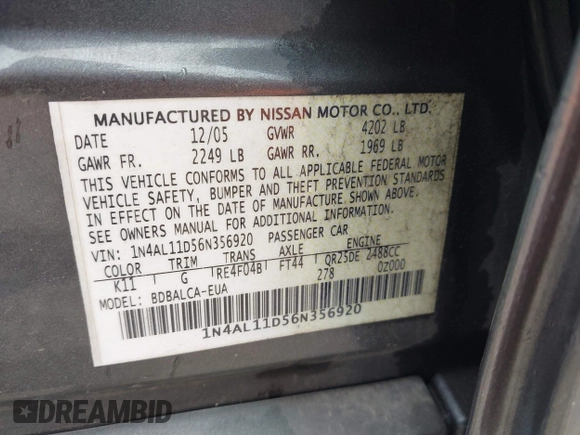 2006 Nissan Altima S with VIN 1N4AL11D56N356920, listed as a IAAI auction lot 42139642 with 199,756 mi miles and . Bid and sale history available at DreamBid. Image 9.