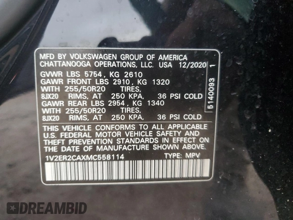 2021 Volkswagen Atlas SEL with VIN 1V2ER2CAXMC558114, listed as a Copart auction lot 55573455 with 49,296 mi miles and Salvage title. Bid and sale history available at DreamBid. Image 13.