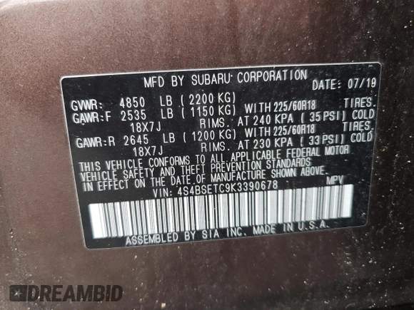 2019 Subaru Outback Touring with VIN 4S4BSETC9K3390678, listed as a Copart auction lot 81378674 with 64,472 mi miles and Salvage title. Bid and sale history available at DreamBid. Image 15.