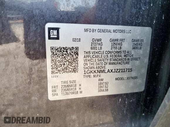 2018 GMC Acadia SLT with VIN 1GKKNMLAXJZ211715, listed as a Copart auction lot 61094385 with 106,929 mi miles and Salvage title. Bid and sale history available at DreamBid. Image 12.