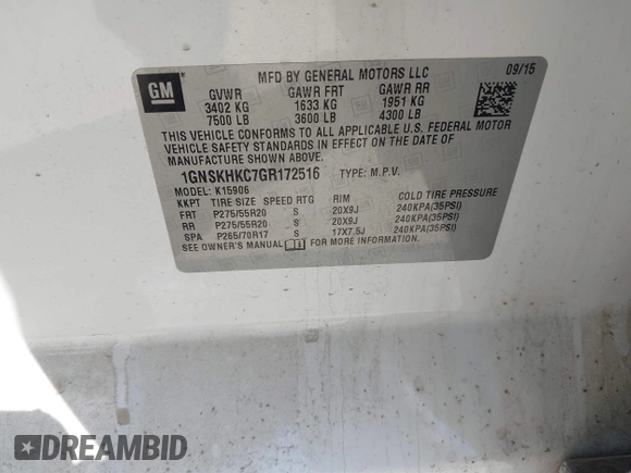 2016 Chevrolet Suburban LT z VIN 1GNSKHKC7GR172516, wystawiony jako IAAI lot #41680550 z przebiegiem 237 270 mil mil oraz . Historia ofert i sprzedaży dostępna na DreamBid. Obrazek 9.