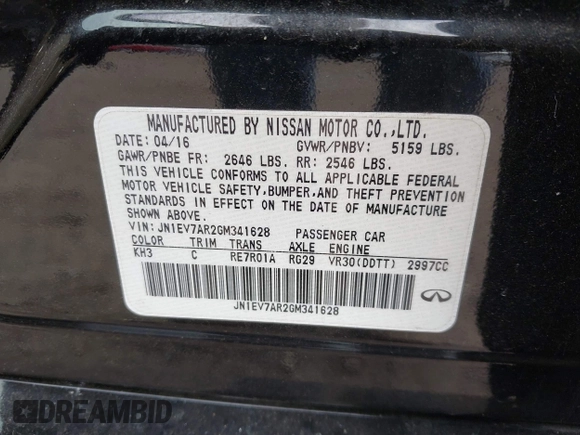 2016 Infiniti Q50 Premium with VIN JN1EV7AR2GM341628, listed as a IAAI auction lot 41898412 with 63,543 mi miles and . Bid and sale history available at DreamBid. Image 9.