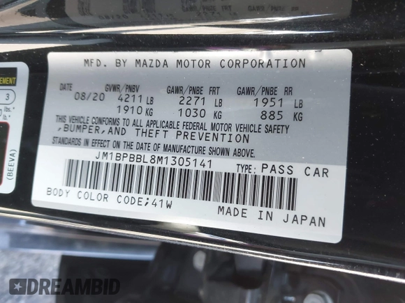 2021 Mazda 3 Select with VIN JM1BPBBL8M1305141, listed as a IAAI auction lot 41762686 with 41,212 mi miles and . Bid and sale history available at DreamBid. Image 9.