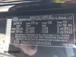 2024 Hyundai Santa Fe Hybrid SEL with VIN 5NMP2DG13RH010145, listed as a IAAI auction lot 41164114 with 12,224 mi miles. Bid and sale history available at carsss.com. Image 9.