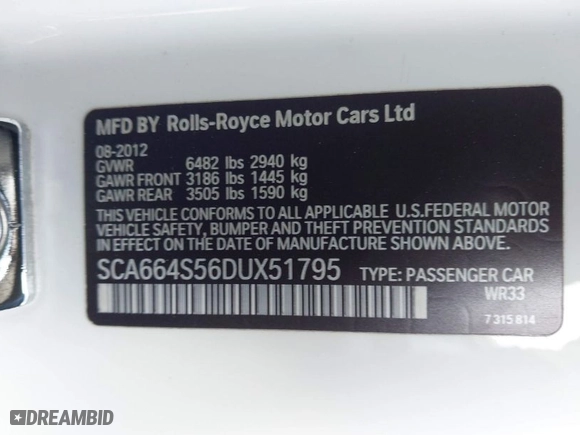 2013 Rolls-Royce Ghost with VIN SCA664S56DUX51795, listed as a IAAI auction lot 41921013 with 70,988 mi miles. Bid and sale history available at carsss.com. Image 9.