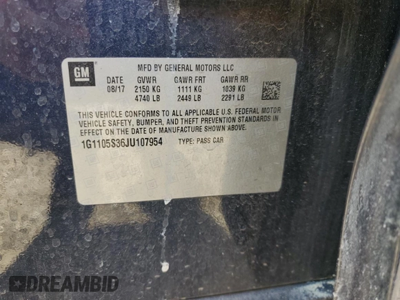2018 Chevrolet Impala LT z VIN 1G1105S36JU107954, wystawiony jako Copart lot #54429925 z przebiegiem Nie podano mil oraz Szkoda całkowita • Salvage title. Historia ofert i sprzedaży dostępna na DreamBid. Obrazek 12.