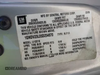 2005 Chevrolet Uplander LS z VIN 1GNDV23L05D254870, wystawiony jako IAAI lot #42221439 z przebiegiem 114 584 mil mil oraz . Historia ofert i sprzedaży dostępna na DreamBid. Obrazek 9.