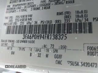 2015 Ford Fusion SE with VIN 3FA6P0H94FR138325, listed as a IAAI auction lot 42880430 with 137,954 mi miles and . Bid and sale history available at DreamBid. Image 9.