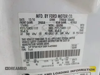 2011 Ford F-150 XL with VIN 1FTFW1EF3BFA45980, listed as a IAAI auction lot 42262248 with 155,882 mi miles and . Bid and sale history available at DreamBid. Image 9.