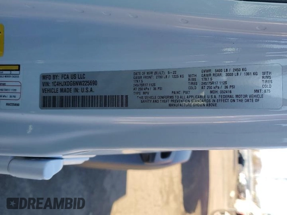 2022 Jeep Wrangler Unlimited Willys with VIN 1C4HJXDG6NW225690, listed as a Copart auction lot 80529704 with 49,310 mi miles and Salvage Title. Bid and sale history available at DreamBid. Image 14.