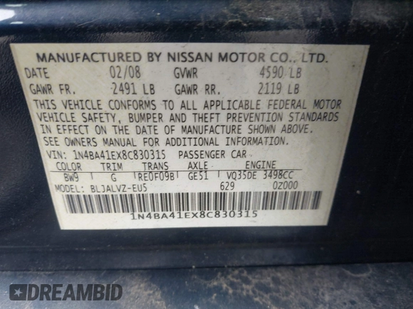 2008 Nissan Maxima SE with VIN 1N4BA41EX8C830315, listed as a IAAI auction lot 42538791 with 105,315 mi miles and . Bid and sale history available at DreamBid. Image 9.