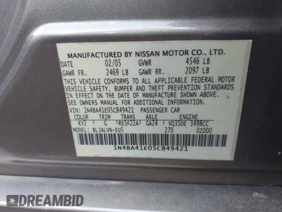 2005 Nissan Maxima SL with VIN 1N4BA41E05C849421, listed as a IAAI auction lot 42621352 with 252,608 mi miles and . Bid and sale history available at DreamBid. Image 9.