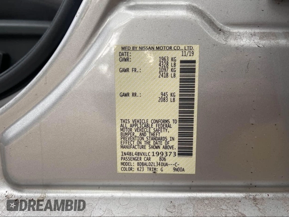 2020 Nissan Altima S with VIN 1N4BL4BVXLC199373, listed as a IAAI auction lot 42218125 with 56,477 mi miles and . Bid and sale history available at DreamBid. Image 9.