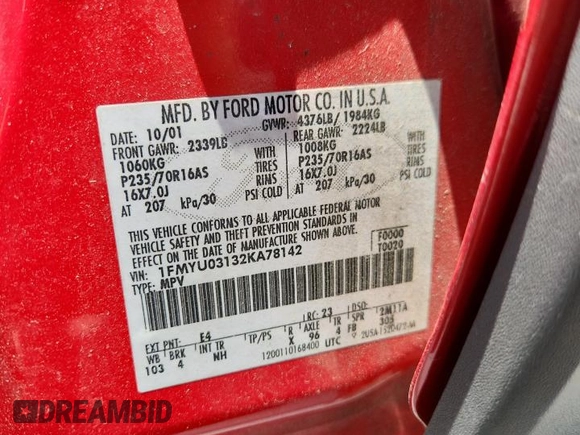 2002 Ford Escape XLT Choice with VIN 1FMYU03132KA78142, listed as a Copart auction lot 65527755 with 149,326 mi miles and Salvage title. Bid and sale history available at DreamBid. Image 12.