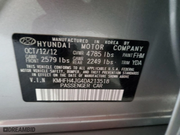 2013 Hyundai Azera with VIN KMHFH4JG4DA213518, listed as a Copart auction lot 72253574 with 158,758 mi miles and Salvage Title. Bid and sale history available at carsss.com. Image 12.