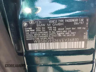 1997 BMW 3 Series M3 with VIN WBSBG9326VEY76810, listed as a Copart auction lot 72160064 with 0 mi miles and Salvage Title. Bid and sale history available at carsss.com. Image 14.