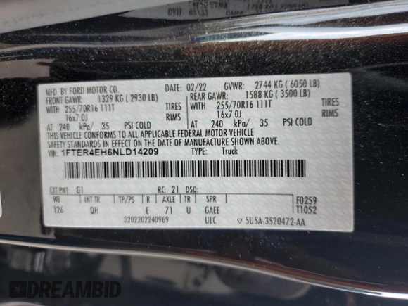 2022 Ford Ranger XL with VIN 1FTER4EH6NLD14209, listed as a Copart auction lot 54545115 with 50,621 mi miles and Salvage title. Bid and sale history available at DreamBid. Image 12.