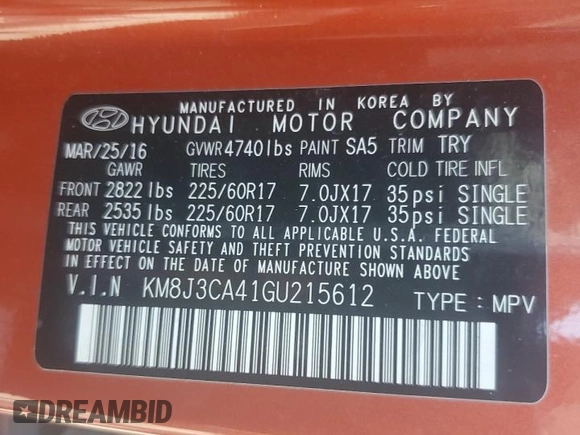 2016 Hyundai Tucson SE z VIN KM8J3CA41GU215612, wystawiony jako Copart lot #56111365 z przebiegiem 139 122 mil mil oraz Szkoda całkowita • Salvage title. Historia ofert i sprzedaży dostępna na DreamBid. Obrazek 13.
