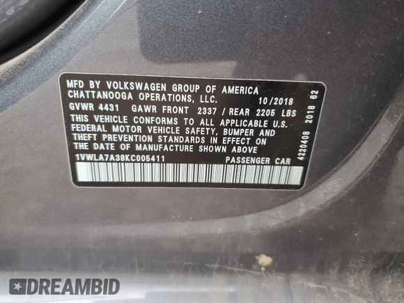 2019 Volkswagen Passat Wolfsburg Edition z VIN 1VWLA7A38KC005411, wystawiony jako Copart lot #52876005 z przebiegiem 82 144 mil mil oraz Szkoda całkowita • Salvage title. Historia ofert i sprzedaży dostępna na DreamBid. Obrazek 14.