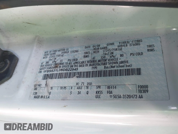 2008 Ford Econoline Passenger XL with VIN 1FBSS31L08DB22945, listed as a IAAI auction lot 41315012 with 330,809 mi miles and . Bid and sale history available at DreamBid. Image 9.