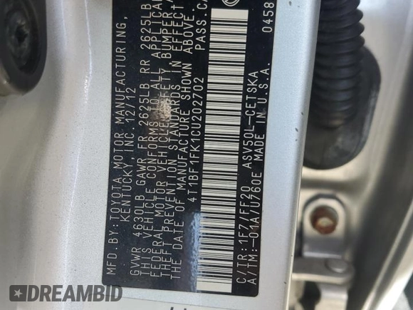 2012 Toyota Camry L with VIN 4T1BF1FK1CU202702, listed as a Copart auction lot 45838845 with 171,122 mi miles and Salvage Title. Bid and sale history available at DreamBid. Image 12.
