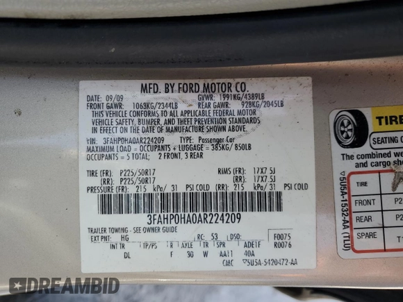2010 Ford Fusion SE with VIN 3FAHP0HA0AR224209, listed as a Copart auction lot 49690935 with 50,254 mi miles and Salvage Title. Bid and sale history available at carsss.com. Image 13.