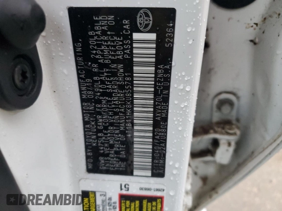 2019 Toyota Camry LE with VIN 4T1B11HK8KU855781, listed as a Copart auction lot 47667735 with 43,198 mi miles and Salvage Title. Bid and sale history available at carsss.com. Image 12.