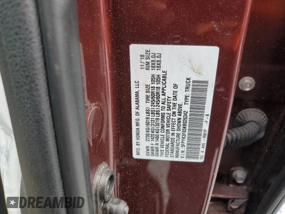 2019 Honda Ridgeline RTL-T with VIN 5FPYK3F65KB026342, listed as a Copart auction lot 65613715 with 70,622 mi miles and Clean title. Bid and sale history available at DreamBid. Image 13.