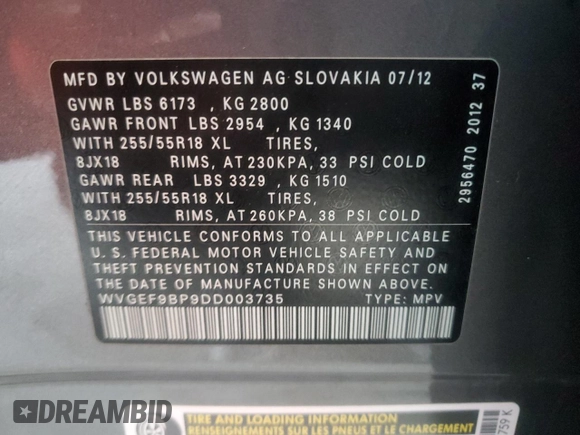 2013 Volkswagen Touareg Lux с VIN WVGEF9BP9DD003735, выставлен на аукционе Copart как лот 58852315 с пробегом 138 223 миль миль и Списание • Salvage title. История ставок и продаж доступна на DreamBid. Изображение 12.
