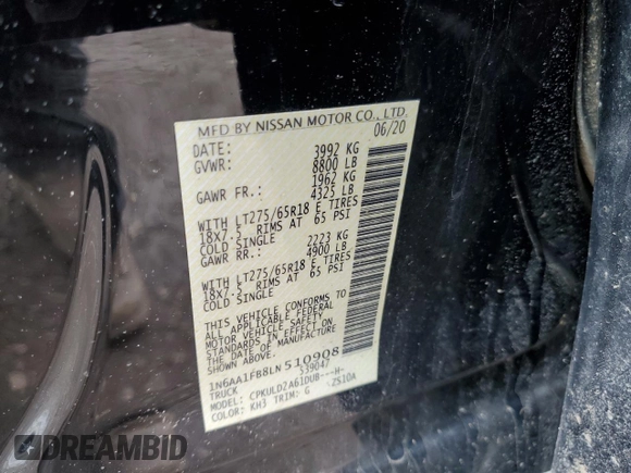 2020 Nissan Titan XD Platinum Reserve with VIN 1N6AA1FB8LN510908, listed as a Copart auction lot 49308085 with 60,154 mi miles and Salvage Title. Bid and sale history available at carsss.com. Image 12.