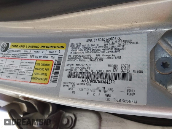 2016 Ford Fusion Titanium Hybrid with VIN 3FA6P0RU7GR364573, listed as a IAAI auction lot 41298298 with 189,900 mi miles. Bid and sale history available at carsss.com. Image 9.
