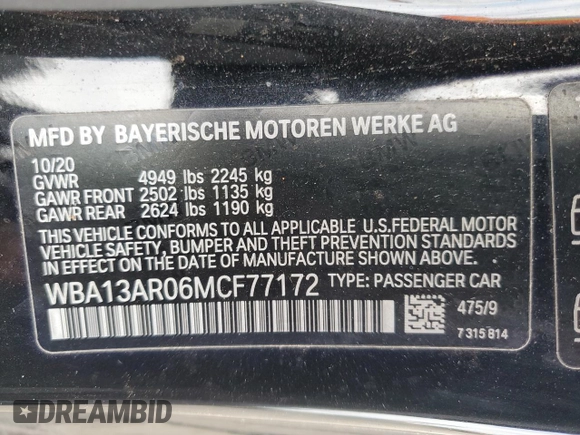 2021 BMW 4 Series M440i xDrive with VIN WBA13AR06MCF77172, listed as a Copart auction lot 47683065 with Not Provided miles and Salvage Title. Bid and sale history available at DreamBid. Image 14.