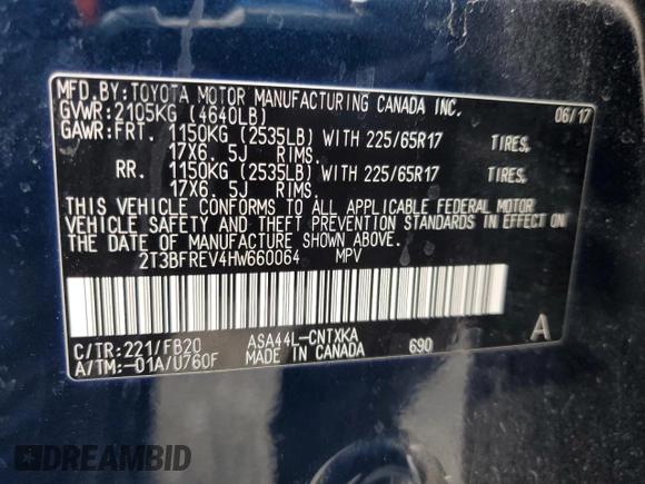 2017 Toyota RAV4 LE with VIN 2T3BFREV4HW660064, listed as a Copart auction lot 43660485 with 100,225 mi miles and Salvage Title. Bid and sale history available at DreamBid. Image 13.