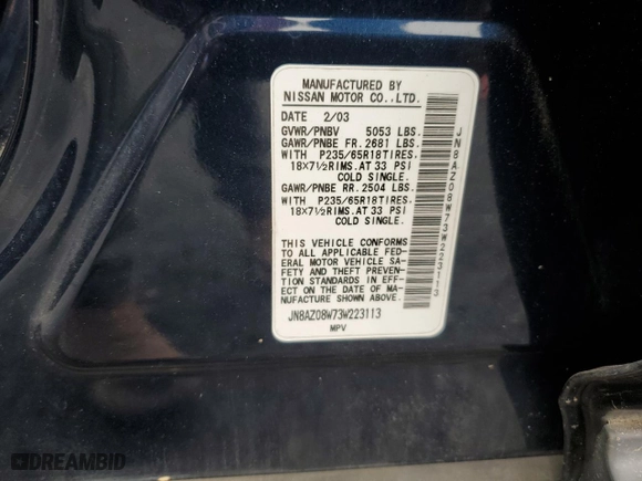2003 Nissan Murano SE with VIN JN8AZ08W73W223113, listed as a Copart auction lot 73712034 with 129,383 mi miles and Clean Title. Bid and sale history available at carsss.com. Image 12.