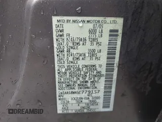 2005 Nissan Pathfinder SE with VIN 5N1AR18WX5C779157, listed as a IAAI auction lot 40363768 with 172,167 mi miles and . Bid and sale history available at DreamBid. Image 9.